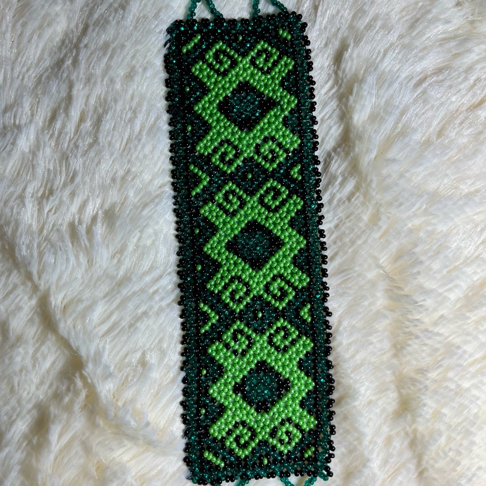 Vintage Wide Seed Bead Beaded Bracelet Handmade 7.5×2" Green Black Boho Ethnic
